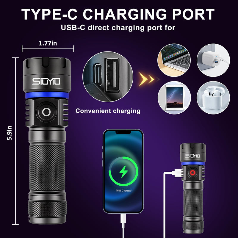 60W 365nm UV- Black Light Flashlight, USB Rechargeable Black Light, IP65 Waterproof Blacklight Flashlights for Pet Urine Detection, Resin Curing, Rock Hunting, Mineral Detection S-3535