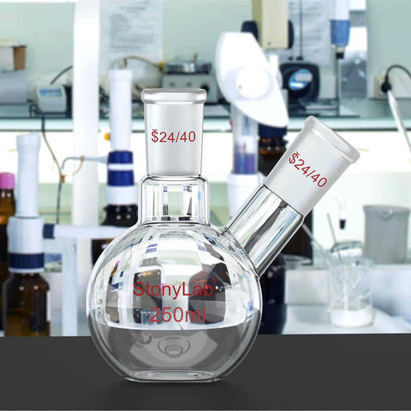 stonylab Flat Bottom Flask FBF, Heavy Wall 2-Neck Lab Flask Borosilicate Glass Flat Bottom Boiling Flask with 24/40 Standard Joint, 250 ml