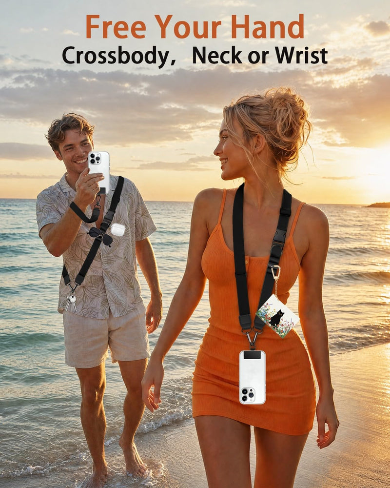 Black Phone Lanyard Crossbody Wrist Neck Strap Adjustable Women | Cell Phone Lanyard for Travel Cruise, Detachable, Hands-free, Cute Wristlet Strap, For Phone Case Keys ID Badge, Accessories Solid Black