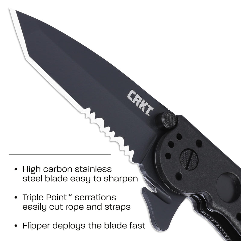 CRKT M16-12ZLEK EDC Folding Pocket Knife: Law Enforcement Everyday Carry, Black Serrated Edge Blade, Tanto, Automated Liner Safety, Nylon Handle, Reversible Pocket Clip Satin Blade / Nylon Handle