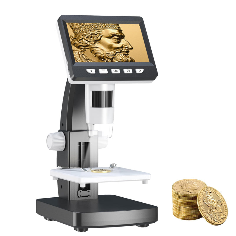 Microscope,LCD Digital Coin Microscope with Stage, Coin Magnifier with 8 Adjustable LED Lights,4.3 Inch LCD Display for Error Coins,PC View Compatible with Windows White