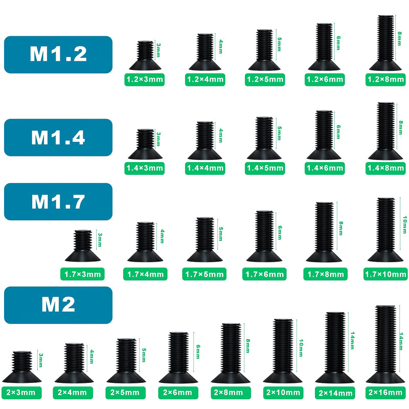 1440 Pcs Black Laptop Notebook Computer Screws M1.2 M1.4 M1.7 M2 Flat Head Phillips Machine Screws Countersunk ssd Screws Accessories Mini Machine Computer Screws Assortments Kits