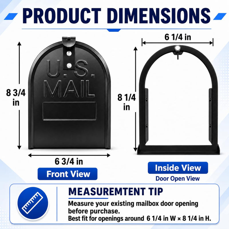 6 1/4" W x 8 1/4" H,Mailbox Door Replacement Panel, Black Galvanized Steel Snap-in Front Door with Flat-Head Screws, Easy No-Drill Kit for Standard Residential Curbside & Brick Mailboxes 6 1/4" W x 8 1/4" H