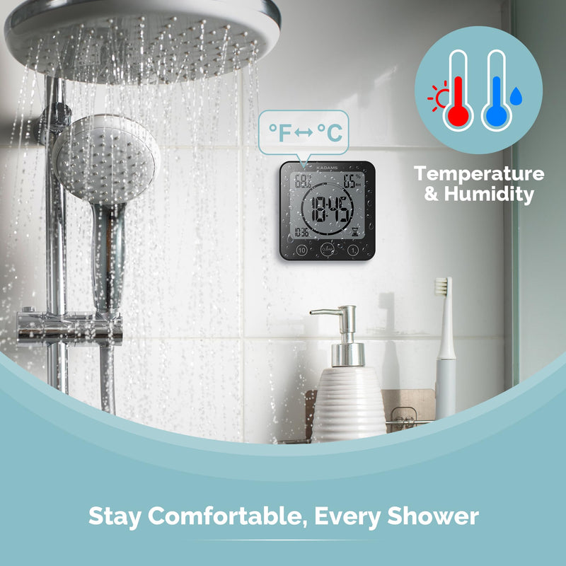 KADAMS Shower Clock Waterproof Bathroom Timer – Digital Wall Clock with Countdown, Magnetic Kitchen Clock with Temperature & Humidity, Suction Cup for Kids Shower Spa Sauna Cook Bath (Black) Black