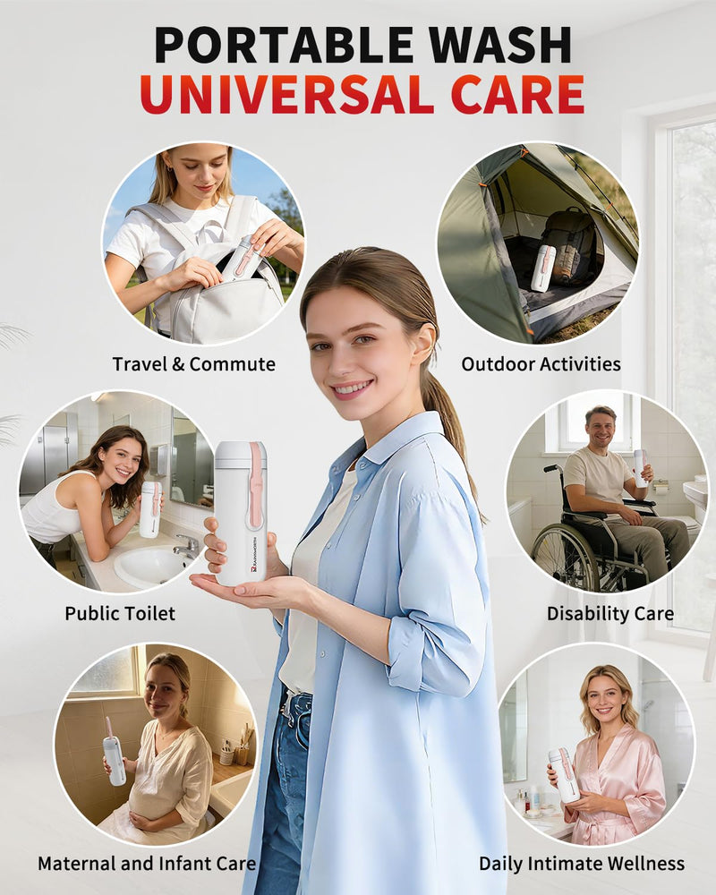 Rainsworth Portable Electric Bidet for Travel, 350ML Large Capacity, Rechargeable 1600mAh with Adjustable Nozzle, Dual Flow Modes, IPX6 Waterproof, Personal Cleaner for Women & Men, Travel, Commute Pink