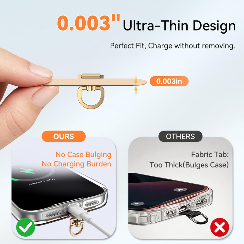Oaridey Phone Tether Tab, 360° Tangle-Free Rotation, No Charging Burden | Ultra Thin Stainless Steel Phone Lanyard Tab, Fits Most Phones and Cases, For Outdoors, Travel & Daily, 4 Packs, Gold