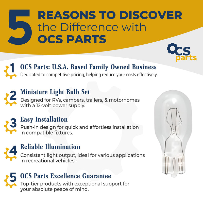 OCS Parts -12V Miniature Light Bulbs for RV Camper Trailers - Push-in Bulbs for Motorhomes, Clear Wedge Base- Pack of 10