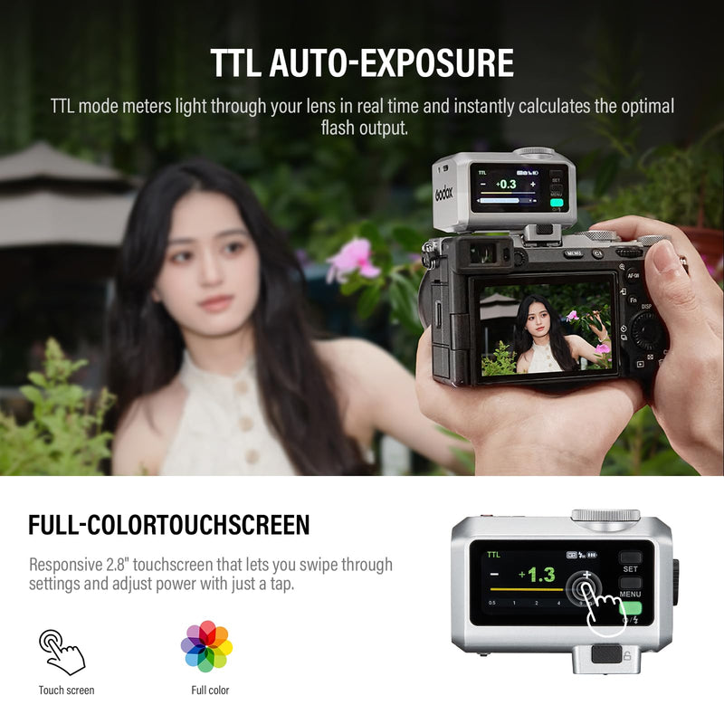 Godox iT30 Pro F Mini TTL Flash for Fuji Cameras Godox iT30Pro F- Wireless Master & Receiver 2.4G Wireless Touchscreen, GN15, 1/8000s HSS Speedlite, Built-in Diffuser and Lithium Battery IT30 PRO F (Silver)