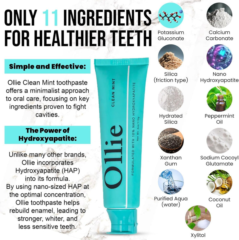 Ollie Clean Mint Nano Hydroxyapatite Toothpaste for Teeth Whitening, 10% Hydroxyapatite Formula, (Pack of 3, 4oz) 4 Ounce (Pack of 3)