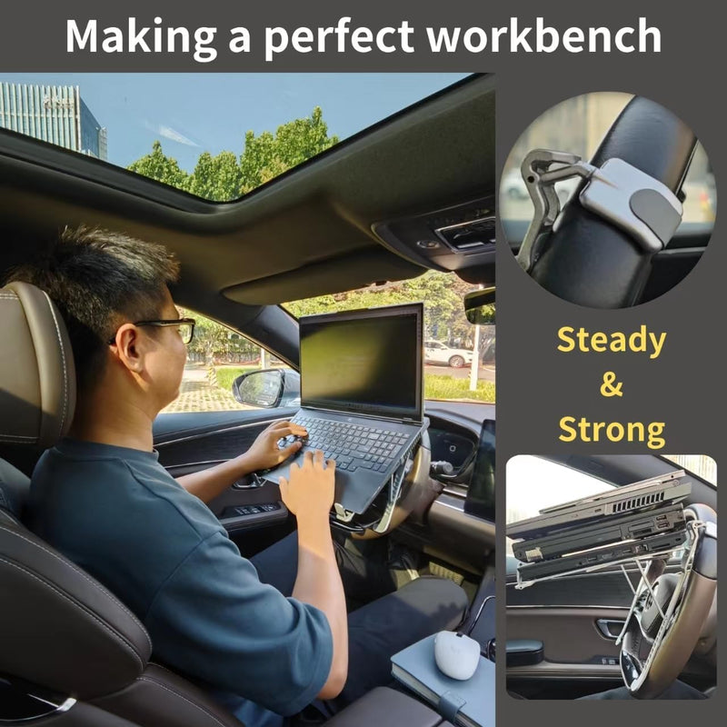 Car Laptop Mount, Height Adjustable Steering Wheel Laptop Tray for Car, Foldable Laptop Desk for Truck SUV Tesla, Portable Vehicle Workstation Table | Steering Wheel & Desktop Dual Mode, 5-Second Quick Scene Switch