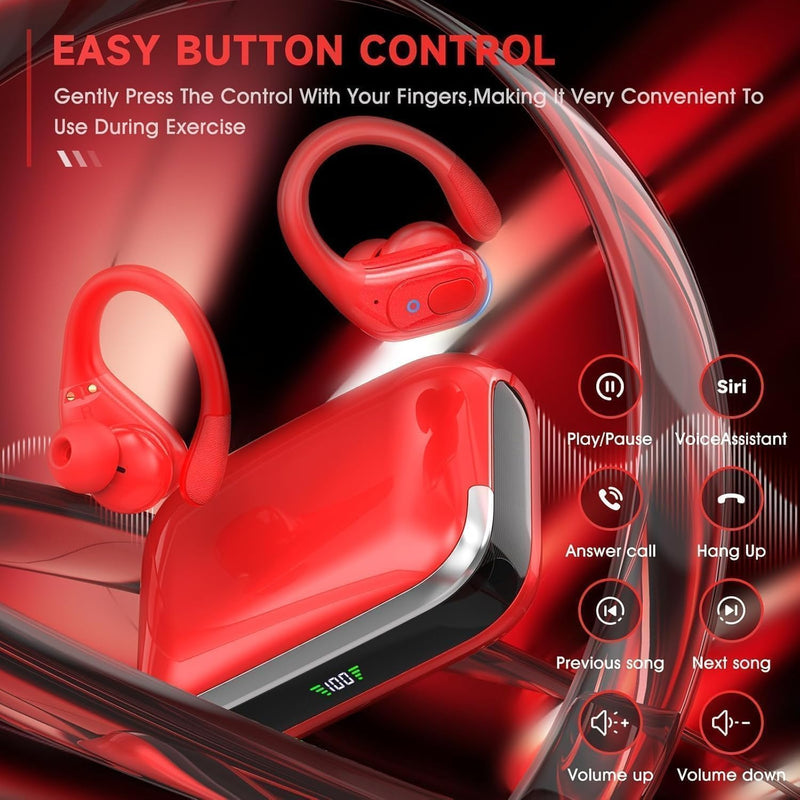 sajawass Wireless Earbuds Headphones Bluetooth 5.4, Noise Canceling Ear Buds with 75hr Playtime, IPX7 Waterproof Earphones Over-Ear Earphones for Sports/Workouts, LED Power Display - Red