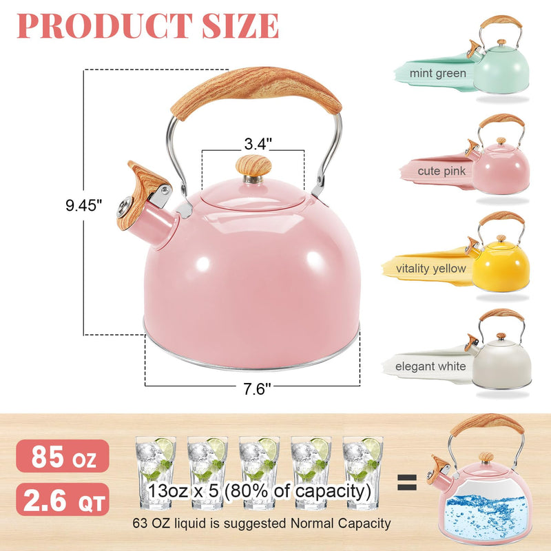 GGC Tea Kettle for Stove Top, 85OZ/2.6QT Whistling Tea Kettles for Boiling Water Milik or Coffee, Pink Stainless Steel Tea Pots with Wood Pattern Folding Handle, Thumb Design Control Kettle Outlet Cute Pink