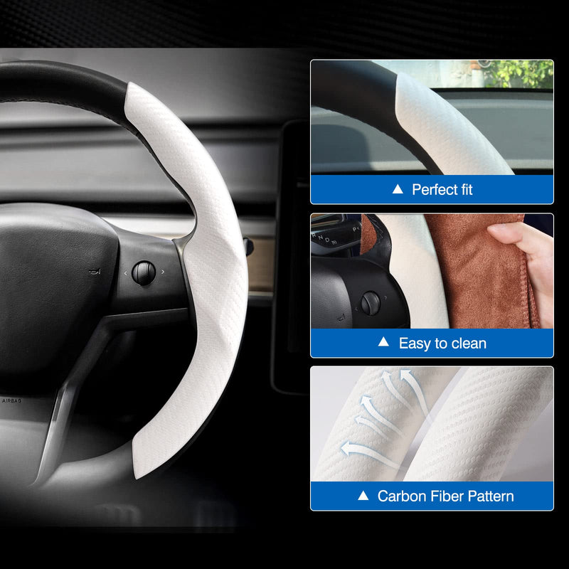 Custom-Fit Steering Wheel Cover for Tesla, Telsa Model 3 / Y Carbon Fiber Steering Wheel Cover for Men/Women, Anti-Slip, Comfortable Grip, Breathable, Model 3 / Y Accessories (White) White