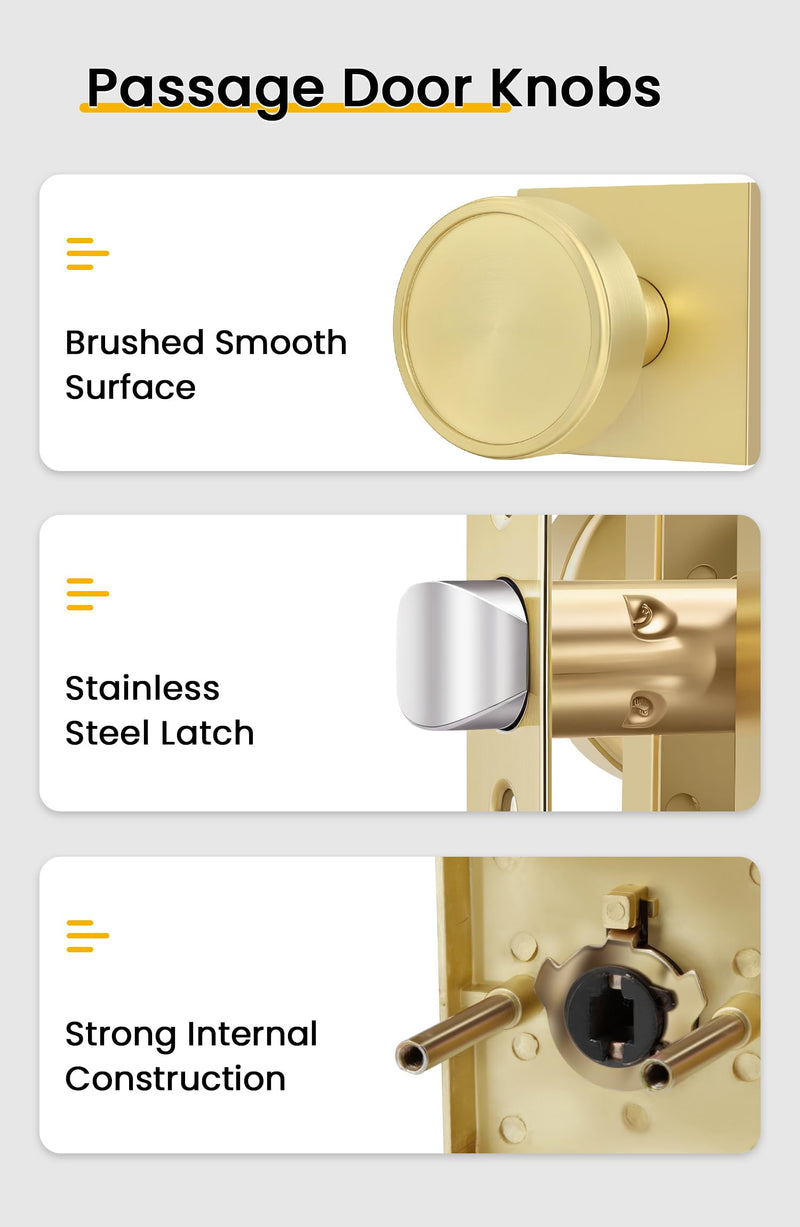 Goldenwarm Gold Passage Door Knob Interior, Zinc-Alloy Round Brushed Gold Closet Door Knob Heavy Duty Hall Closet Doorknob, Hallway - 1 Pack
