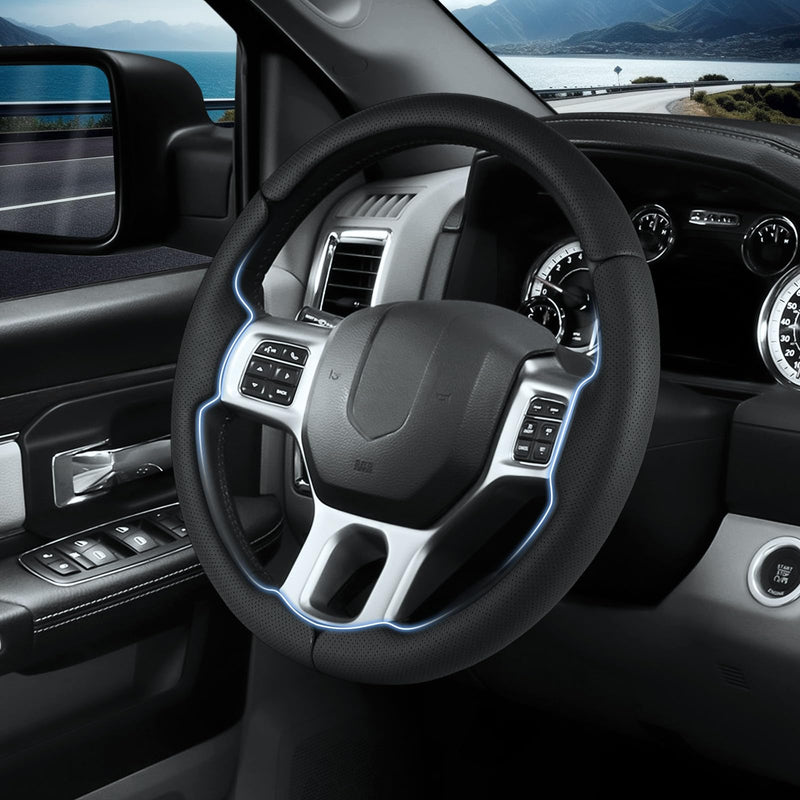 Steering Wheel Cover for Ram 1500, Car Steering Wheel Cover for Dodge Ram 1500 (2012-2018) 1500 Classic(2019-2023) 2500(2012-2018) 3500(2012-2018) 5500(2012-2018), Perforated Black Black Perforated Leather RAM 1500 (2012-2018)