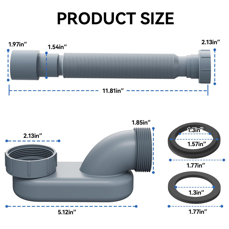 Flexible Freestanding Tub Drain Kit, Low Profile Flat P Trap for 1 1/2" Bathtub & Shower Drain Pipe, Easy Install, Fits Freestanding Bath Tubs, PVC Drain Hose Included