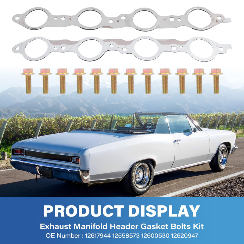 12617944 Exhaust Manifold Header Gasket with Bolts Compatible with Chevy Silverado Camaro Caprice Corvette Tahoe GMC Sierra CTS Escalade LS1 LS2 LS3 LS6 LQ4 LQ9 LM7 4.8L 5.3L 5.7L 6.0L 6.2L
