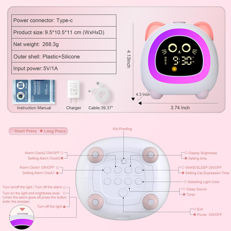 Alarm Clock for Kids, Ok to Wake Clock for Kids with Eye Protection Sleep Training Auto Off Feature 10 Night Light Dual Alarm for Bedroom, Kids Alarm Clock Pink Cat Gifts for Girls Powder Pink