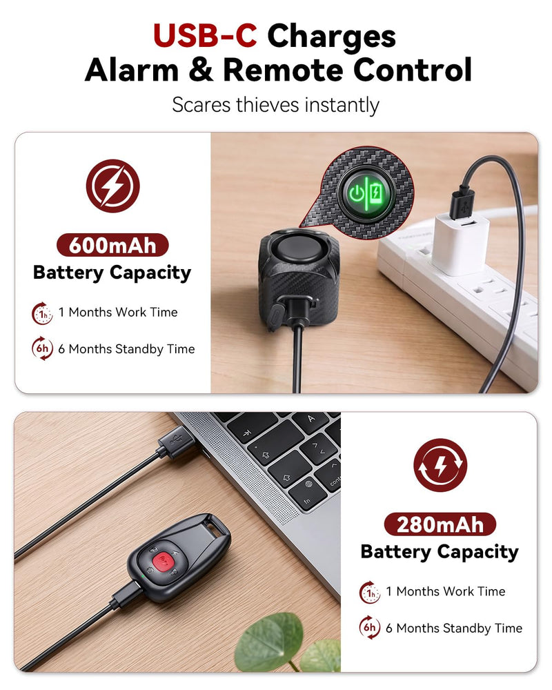 WSDCAM Two-Way Bike Alarm 120dB, USB-C Rechargeable with Remote | Anti-Theft Vibration Alarm System, 1148FT Wireless Range, IP65 Waterproof, Bike Alarm For Ebike Motorcycle Scooter