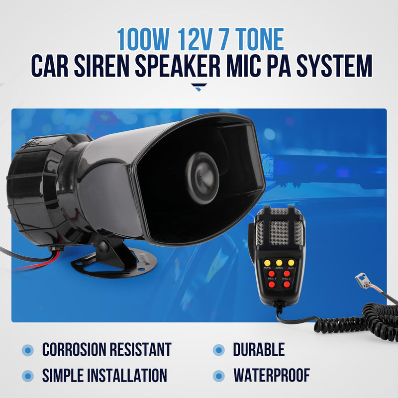 Car Siren Horn 7 Tone with Microphone ,Alarm Horn Siren 12V 100W Emergency Amplifier with Mic PA Speaker System Loud Car Alarm Police Ambulance Fire Hooter Traffic Sound Siren Horn with Mic