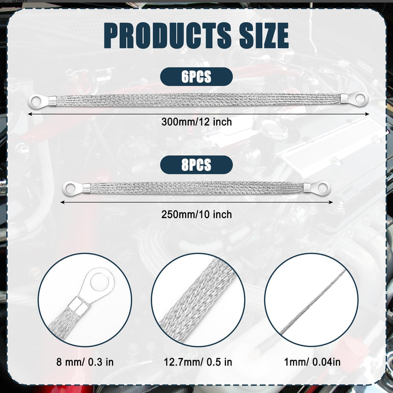 14pcs Ground Straps, 10/12 inch Engine Universal Automotive Ground Strap Kit Braided Copper Ground Straps Automotive Ground Strap Wire Ground Strap Connectors for Most Cars (Silver) 14pcs-Sliver