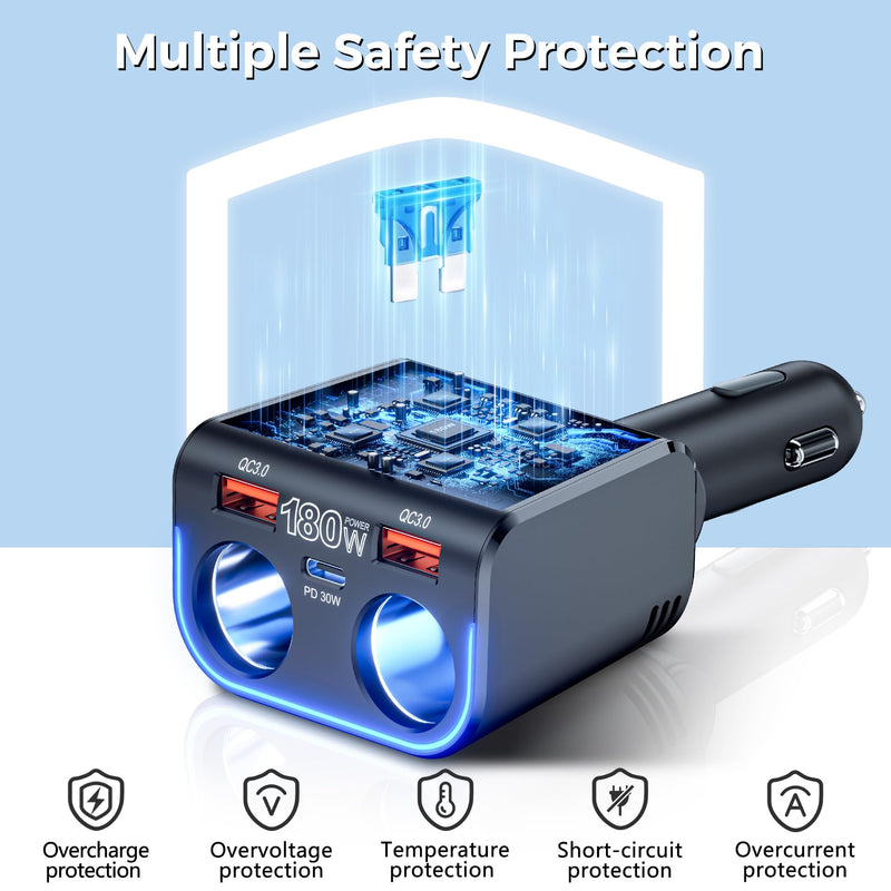 180W Cigarette Lighter Splitter,30W PD Dual QC3.0 Car Charger Adapter | 24V/12V Car USB Adapter 2-Socket with Voltmeter Fast Charging for iPhone 17/16/15 Car Devices black