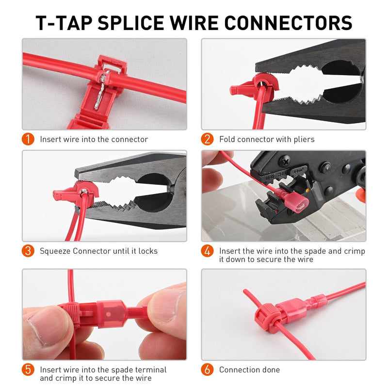 Nilight 480PCS/80 Pairs T-Tap Wire Connectors Self-Stripping Quick Splice Electrical Wire Terminals Insulated Male Quick Disconnect Spade Terminals Assortment Kit with Storage Case, 2 Years Warranty 480Pcs 22-10AWG