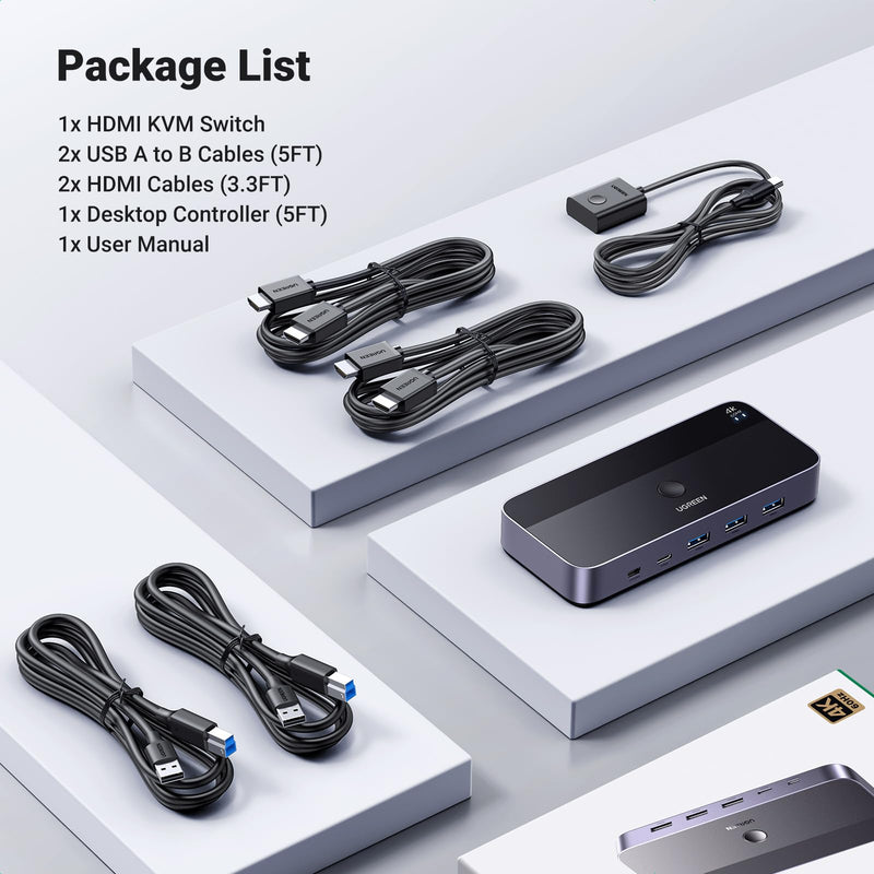 UGREEN HDMI KVM Switch 1 Monitor 2 Computers, with 4 USB 3.0 Ports 4K@60Hz KVM Switches for 2 Computers Sharing One Monitor Keyboard Mouse Printer with 2 HDMI Cables, 2 USB Cables, Controller