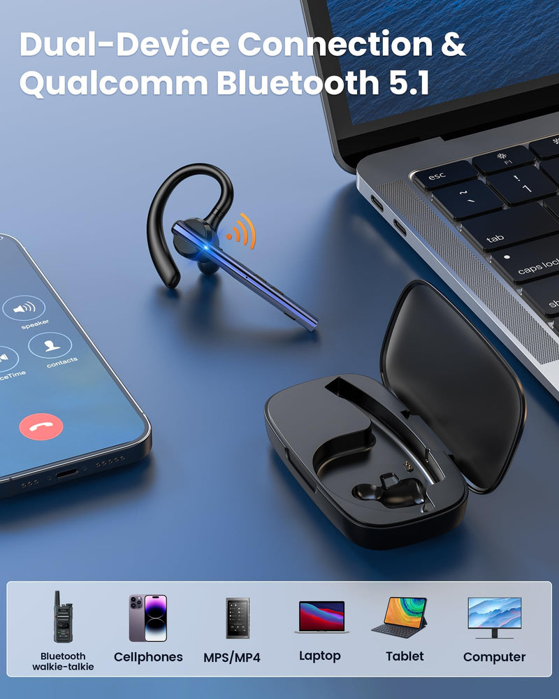 New Bee Bluetooth Headset V5.1 72H Talk Time Dual Mic with Mute Button for Business, Wireless Hand-Free Bluetooth Earpiece with 500mAh Charging Case for Cell Phone Calls Trucker Driver Laptop Blue M54