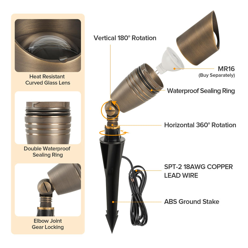 LUTEC Solid Brass Low Voltage Landscape Lighting, 12V Heavy Duty Waterproof Landscape Spotlights Bronze, Wired Uplights Outdoor Fixtureswith ABS Spike, Garden Yard Pathway Tree with MR16 Bulb 1 Pack