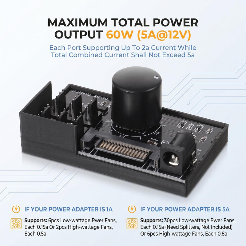 4 Pin 6 Fans Supported Pc Fan Controller 12V PWM Fan Controller | 60W/5A Adjustable Power Supply Fan Speed Controller by SATA and DC 5525, for 2/3/4-Pin Pumps PC Cases DIY Projects