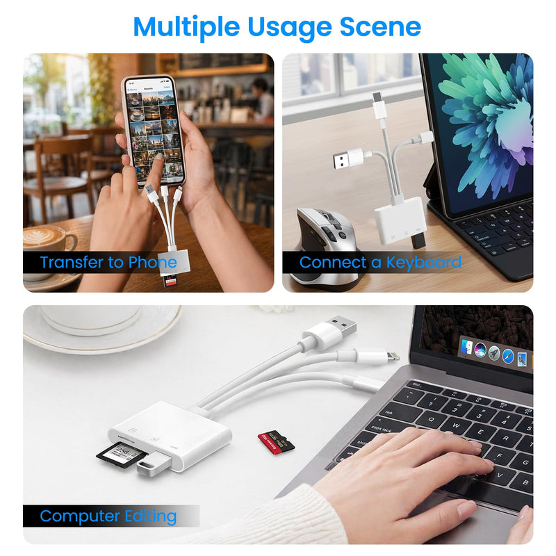 SD Card Reader for iPhone iPad Mac, USB-C & Lightning & USB-A 3-in-1 MicroSD/SD Adapter, High-Speed Plug & Play USB C Memory Card Reader for Digital Camera Trail Camera, USB-A Laptop Computer