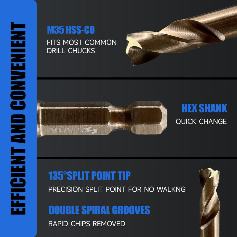 Pro Edge 7pcs Cobalt Stubby Drill Bit Set, M35 HSS Short Drill Bits for Hard Metal Stainless Steel Wood Plastic 1/4" Quick Change Hex Shank with Storage Case (3/32"-3/8")