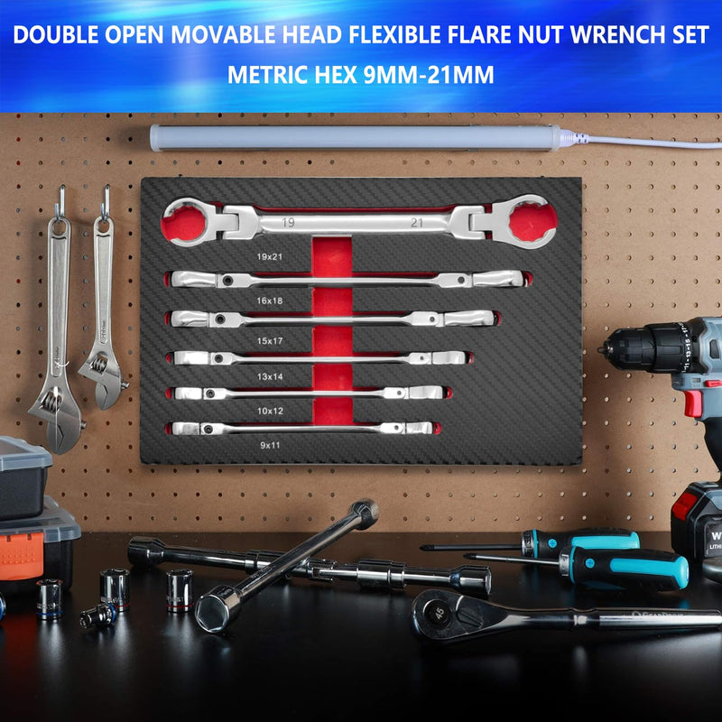 ZKTOOL 6PCS Double Open Movable Head Flexible Flare Nut Wrench Set, Metric Wrench Set 9-21mm, 180 Degree Rotating Head,Applicable to 6PT & 12PT, Kit For Most Of Compression Joint Fittingmovable