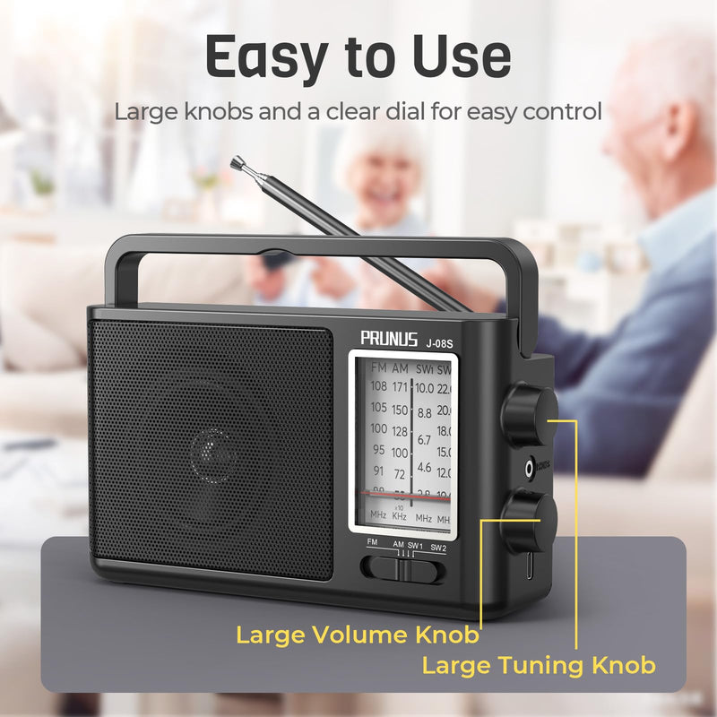 PRUNUS J08 Portable Radio AM FM with Solar, Battery and USB Charging | Loud Speaker, Excellent Reception, Big Knobs Easy to Use for Senior, for Indoor and Outdoor, Transistor Radio