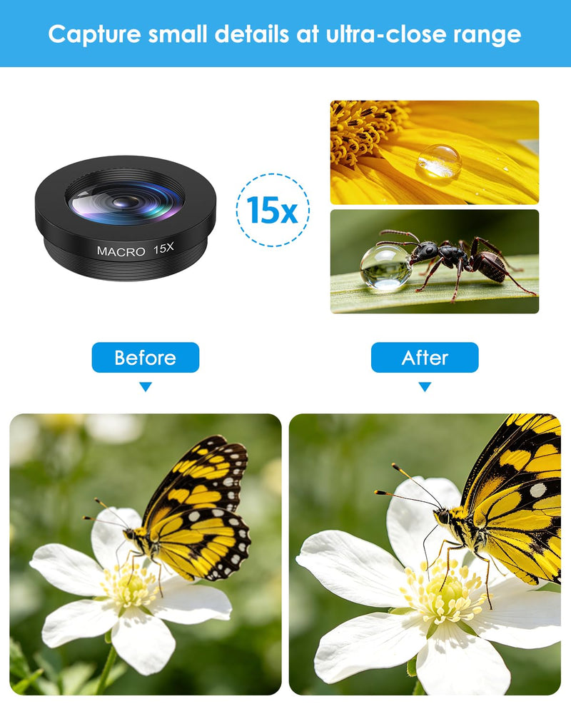 7 in 1 Clip On Phone Camera Lens Kit, 0.63X Wide Angle,15X Macro,2X Telephoto,198°Fisheye,CPL,Starburst, Kaleidoscope Universal Smartphone Lens for iPhone Samsung Google Pixel