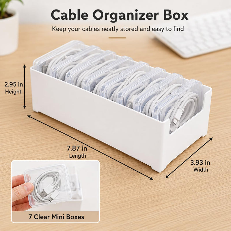 8 Pcs Cable Organizer Storage Box, Desktop Cord Management Organizer with 7 Switch Small Boxes, Clear Home Perler Beads Case for Stationery Supplies Desk Electronic Accessories, White