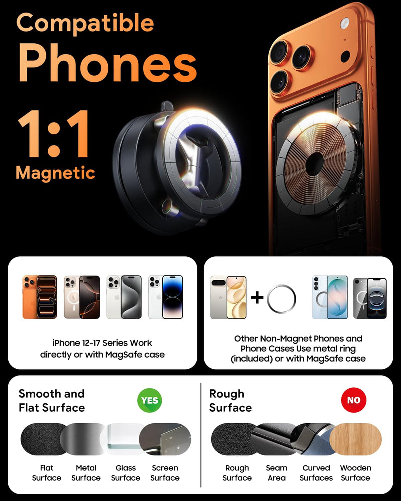 Meifigno for Magsafe Car Mount, [Metal Alloy Arm] Strongest Vacuum Suction & Magnetic Phone Holders for Your Car, Adjustable Car Phone Mount, Car Accessories for iPhone 17 16 15 14 13 12& Android | Adjustable Car Phone Mount, Magnetic Phone Holders for...