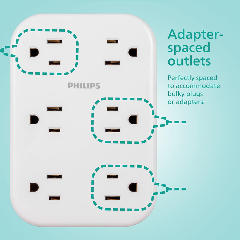 Philips EZFit 6-Outlet Surge Protector Outlet Extender, Wall Tap, Grounded Widely Spaced Outlets, 900 Joules, for Home Office Dorm Essentials, White, SPP6602W/37 6 Outlet