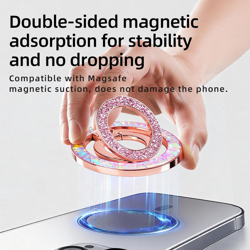 Bling Phone Ring Holder, Crystal Magnetic Phone for MagSafe Grip with 360° Rotating Adjustable Kickstand, Double Magnetic Ring Stand for iPhone 16/15/14/13/12 Series, Silver
