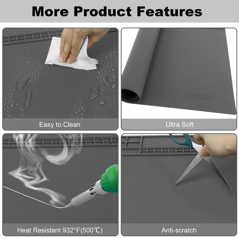 32.3" x 16.6" Premium Extra Large Silicone Soldering Mat, 932°F Heat Resistant Oversized Work Mat, Non-Slip Repair Bench Pad for BGA Welding, Electronics, Computer, Cellphone, Watch (Gray) Gray