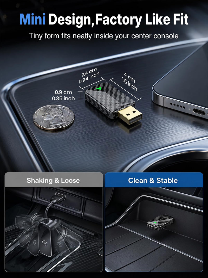 Carbon Fiber Wireless Android Auto & CarPlay Adapter, Wired to Wireless | Auto Reconnect, Fast Stable on Rough Roads, Gold-Plated USB, Mini Design, Easy to Use, Plug & Play with OEM Wired Cars 2016+ Carbon