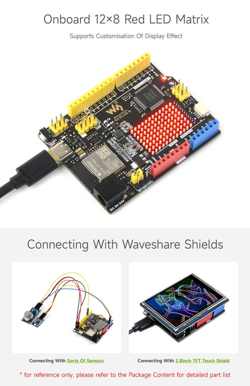 Waveshare R7FA4 Plus B Development Board, Based On R7FA4M1AB3CFM, Equipped with ESP32-S3FN8, Compatible with Arduino UNO R4 WiFi, Onboard 12×8 LED Matrix