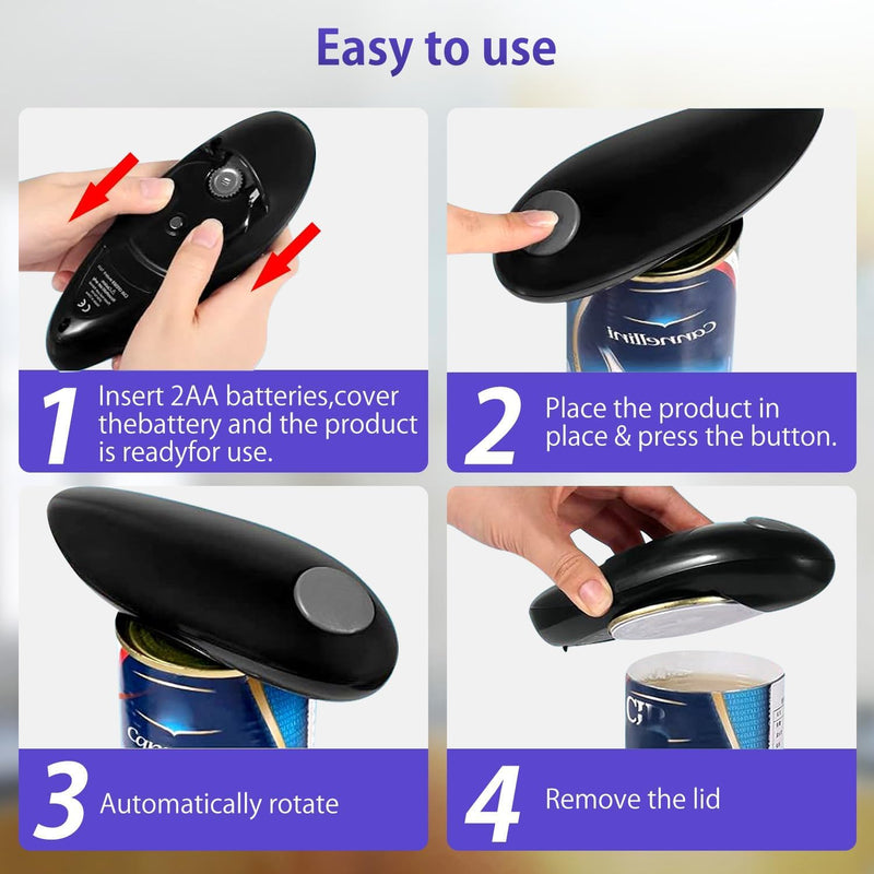 Black Electric Can Opener- (Black), Handheld opener and Smooth Edge Kitchen Gadget Can Openers for Seniors with Arthritis, with Extra Universal Opener (Jar, Bottle), Automatic Easy Open Black