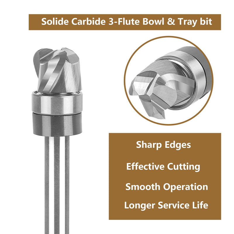 SpeTool Bowl and Tray Router Bit 1/4" Shank, 1/2" Dia 1/4" Radius 3/8" Height, 3-Flute Solid Carbide Pattern Flush Trim Router Bit, Round Nose for Wood Dish Bowl Carving 1/4"Radius 3/8"Height