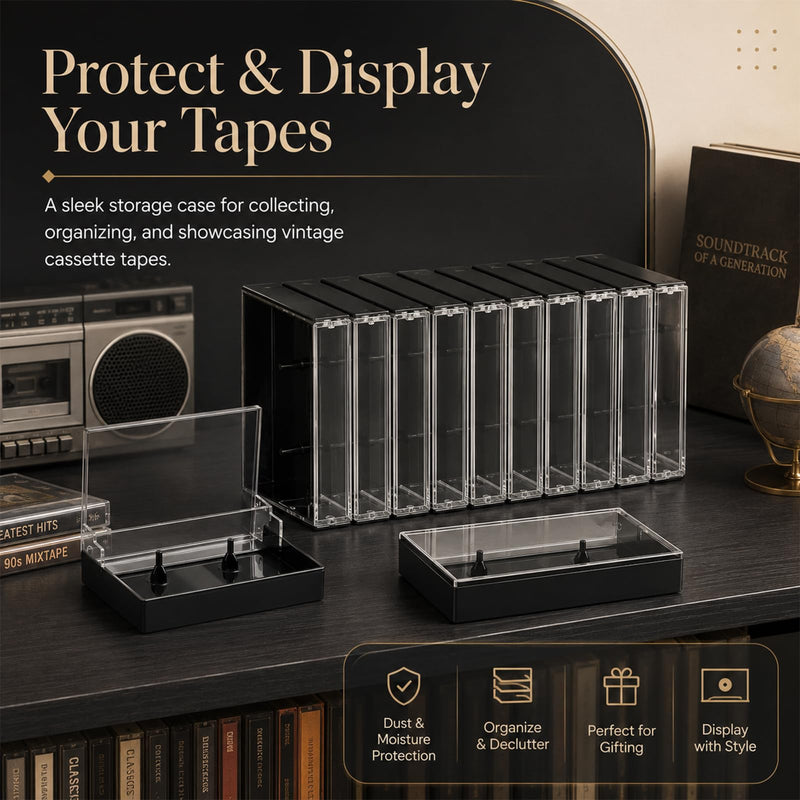 20Pcs Audio Cassette Tape Storage Case, 4.3 x 2.8 x 0.6 in Plastic Empt Blank Cassette Tapes with Music Display Box Organizer for Recording,Standard Cassettes, Clear Lid and Black Base
