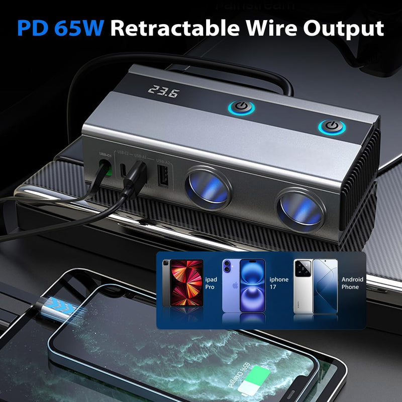 6-in-1 Cigarette Lighter Splitter, 65W PD Fast Charging, 120W Total Output, Two 12V Sockets, Retractable USB-C Cable, Battery Monitor, Trickle Charge, 1M Extension Cable for Front & Rear Charging