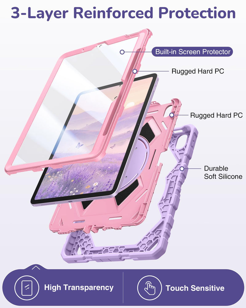 Fintie Kid-Friendly Case for iPad Air 11-inch & iPad Air 5th/4th Gen 10.9" | 360° Rotating Stand, Heavy Duty Shockproof Cover with Built-in Screen Protector, Shoulder Strap for Easy Carry, Purple