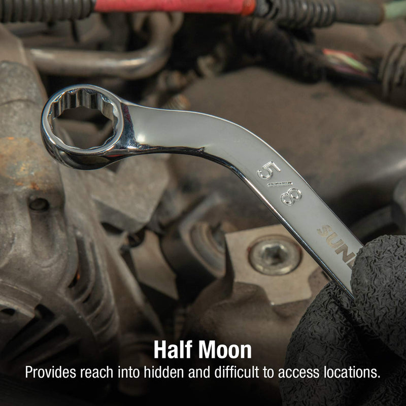 Sunex Tools 9935 SAE Half Moon Wrench Set, 5/16"x3/8" - 13/16"x7/8", Fully Polished, 5-Piece (Includes Roll-Case)