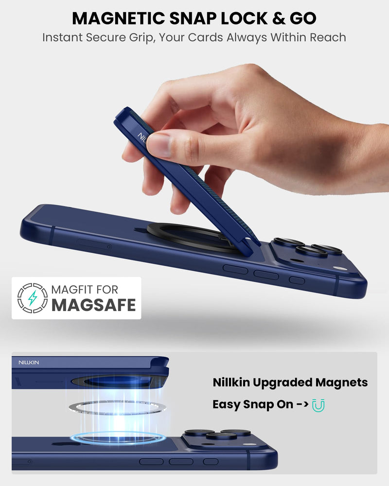 Nillkin MagSafe Wallet Stand, Hold 3 Cards, Aramid Fiber, Adjustable Stand | RFID Blocking, Men Credit Card Holder, Phone Wallet for iPhone 17 Pro/16/15/14/13/12, Fit for Samsung, MagSafe Case, Blue